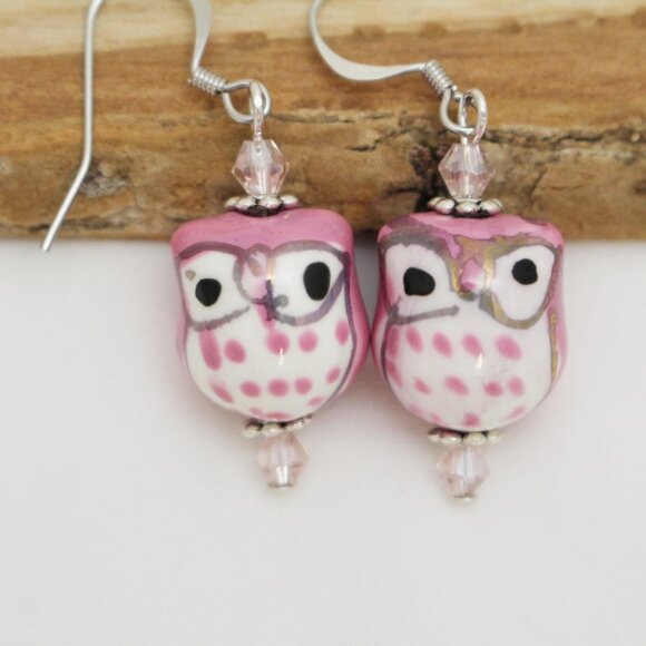Pink Hand Painted Beaded Owl Earrings - Handmade & Hypoallergenic - Picture 3 of 5